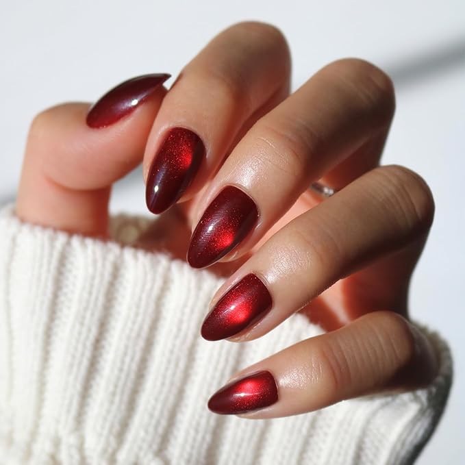 Valentines Day Glamnetic Press On Nails - Frosted Cranberry | Short Almond Fake Nails in Deep Red with Jelly Finish, Salon Quality Holiday Nails | 15 Sizes - 30 Nail Kit with Glue