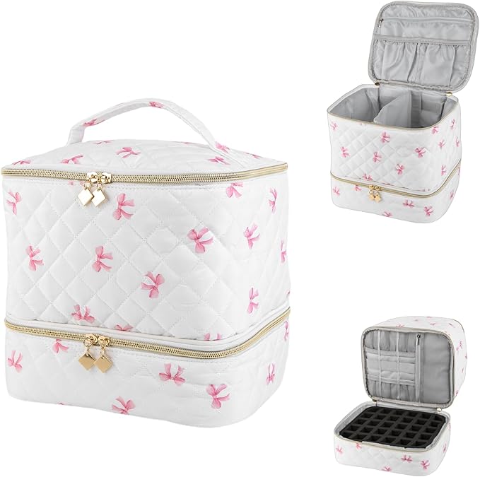 Nail Polish Organizer Aesthetic Nail Organizers and Storage, Bow Nail Supplies Kit Organizer Travel Carrying Case for Manicure Tools (Bow C, 2 Layer)