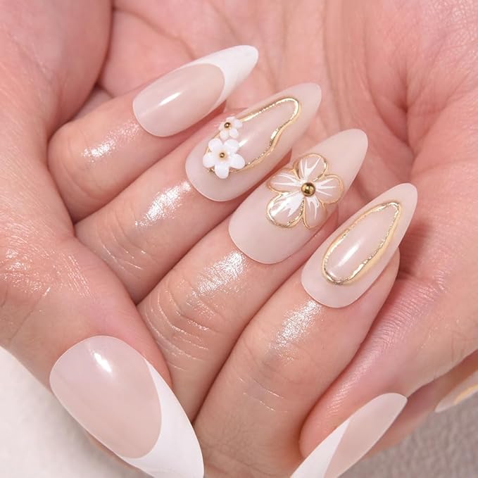 evpct 3D Flower French Press on Nails Medium Almond with Gold Line Design, White French Tip Stick on Nail for Women Gift with Kit, Reusable Full Cover Soft Gel Press on Fake Nail with 3D Floral Design