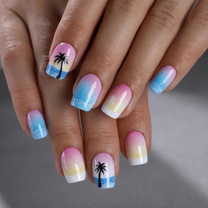 Curvlife Press on Nails Hawaii Acrylic Fake Nails with Short Design Full Cover, Reusable Nail Kit with Nail Glue Adhesive Tabs