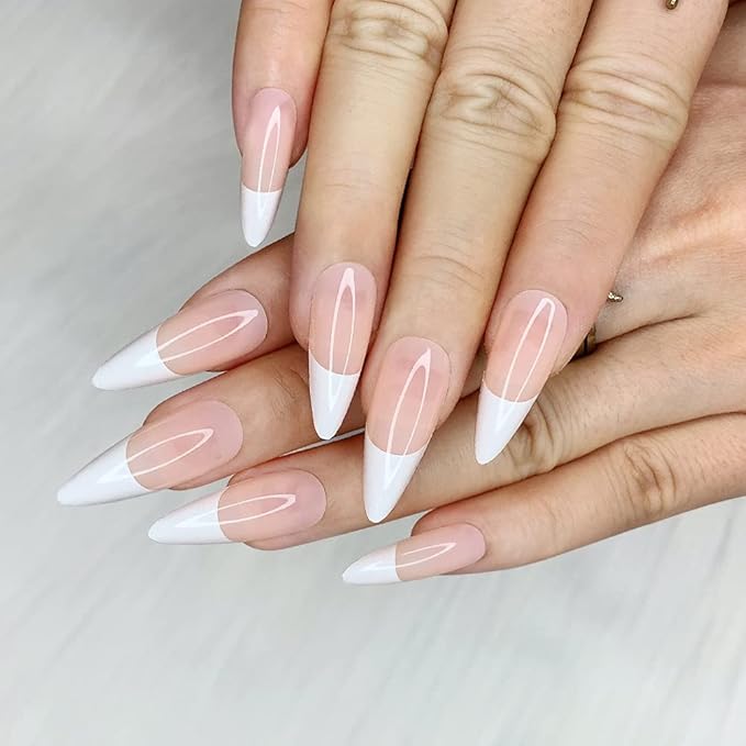 Morily 24pcs Fake Nails Pink White Glossy Medium Long Stiletto Almond Press on Nail False Tips Artificial Finger Manicure for Women (French)