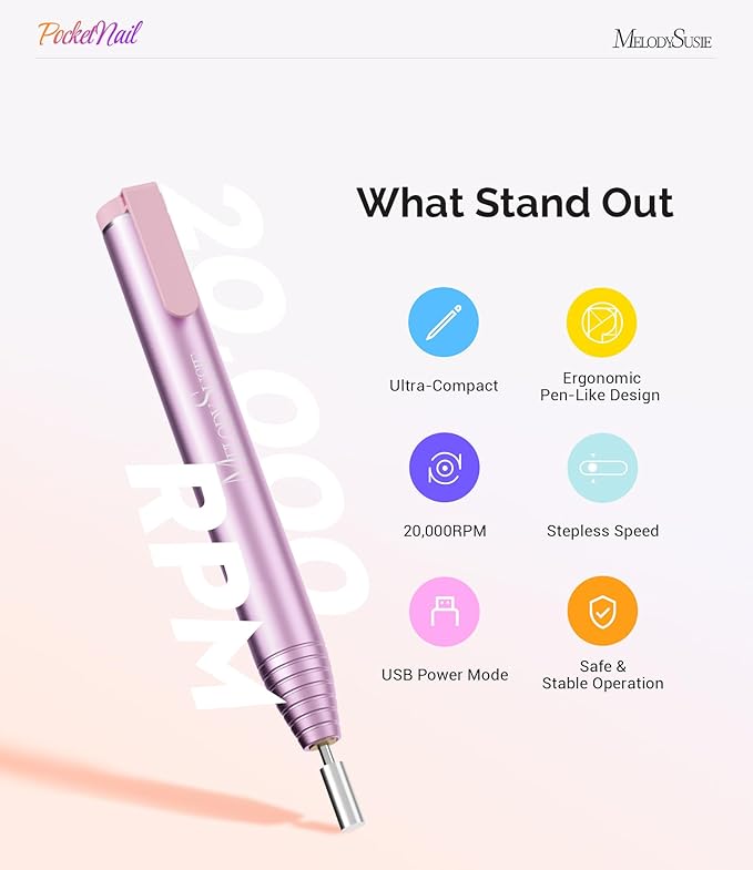 MelodySusie PocketNail Slim Ergonomic Pen-Shaped USB Nail Drill, PC100G 20000RPM Portable Electric File for All Manicure, Pedicure Nail Care, Shaping & Gel Removal at Home for Beginners