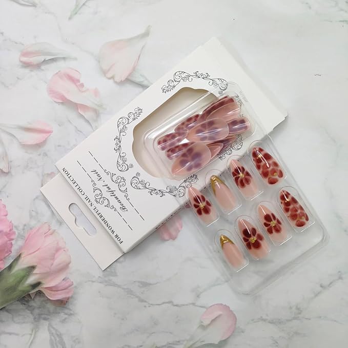 24Pcs Almond Shaped French Tip Chrome Gold 3D Lines Design Acrylic Press-On False Nails for Women Girls Manicure Decor
