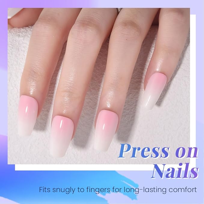 White Light Pink Ombre Press on Nails Coffin Acrylic Fake Nails Design, Natural Reusable Nails Kit for Women DIY False Nail Art Decoration Gift, Salon Quality Reusable 30 Pcs