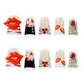 Press On Nails Handmade Short Duckbill Nails, 3D Red Lips, Heart & Bling Rhinestone Nails, French Tip Art Designs Reusable Acrylic Artificial Stick On Nails (Red Lip Passionate Heart,L)