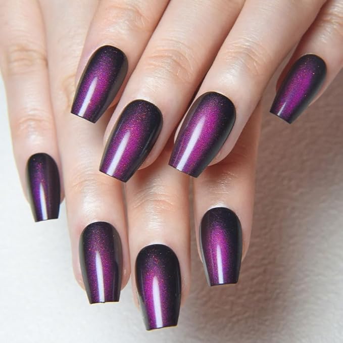 evpct Dark Purple Cat Eye Coffin Press on Nails Square Medium, Medium Square Stick on Nail for Women Gift, Dark Purple Metallic Glitter Glossy Reusable Soft Gel Press on Acrylic Fake Nail with Design