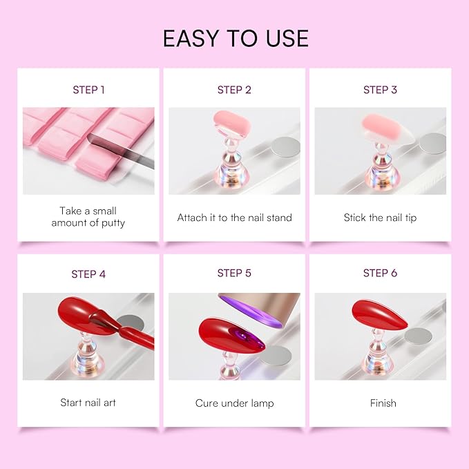 Makartt Press on Nail Stand: Magnetic Nail Holder for Painting Nails DIY Pink for Art Display Practice, Pink Glitter Flower Fake Holder for Home Salon with Reusable Adhesive Putty