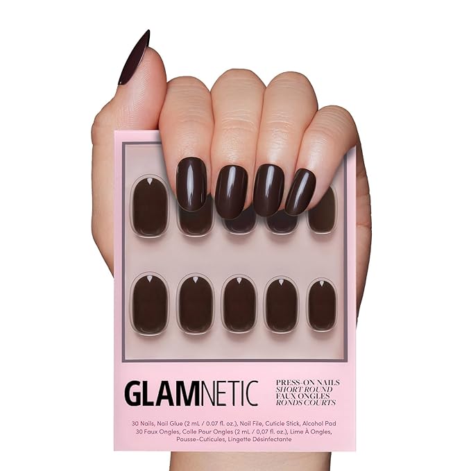 Glamnetic Press On Nails - Bark Brown | Opaque Dark Brown Short Round Fake Nails, Salon Quality | 12 Sizes - 30 Nail Kit