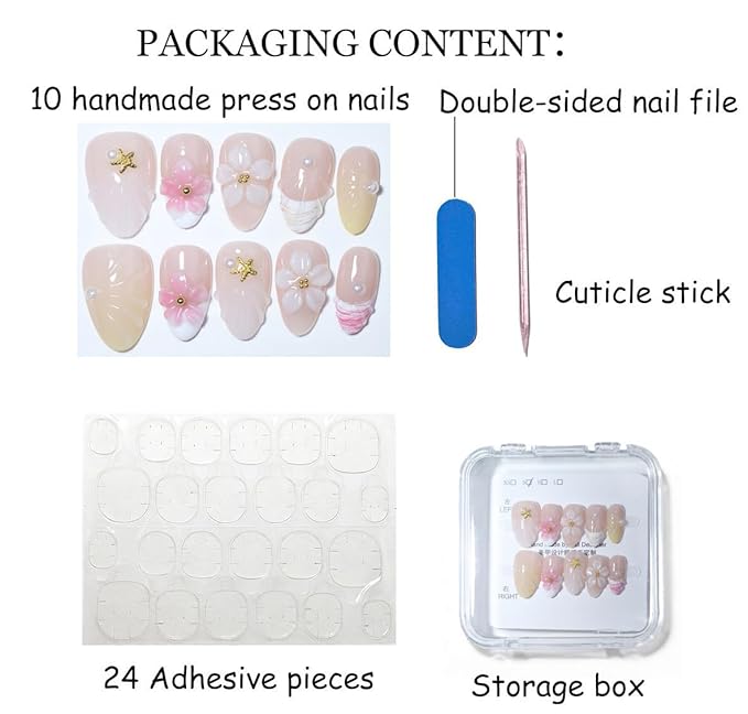 10 Short Almond Handmade Press On Nails | Coastal-Inspired 3D Floral & Starfish Nude & Pearl Accent False Nails,New styles | Skip Salon Trips, Easy to Apply & Remove, Reusable (251107, XS)