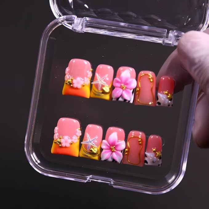 Press On Nails, 10 Pcs Handmade French Duckbill Fake Nails, Reusable Artificial Cute Short False Nails for Women 3D Acrylic Nails Kit (Size S)
