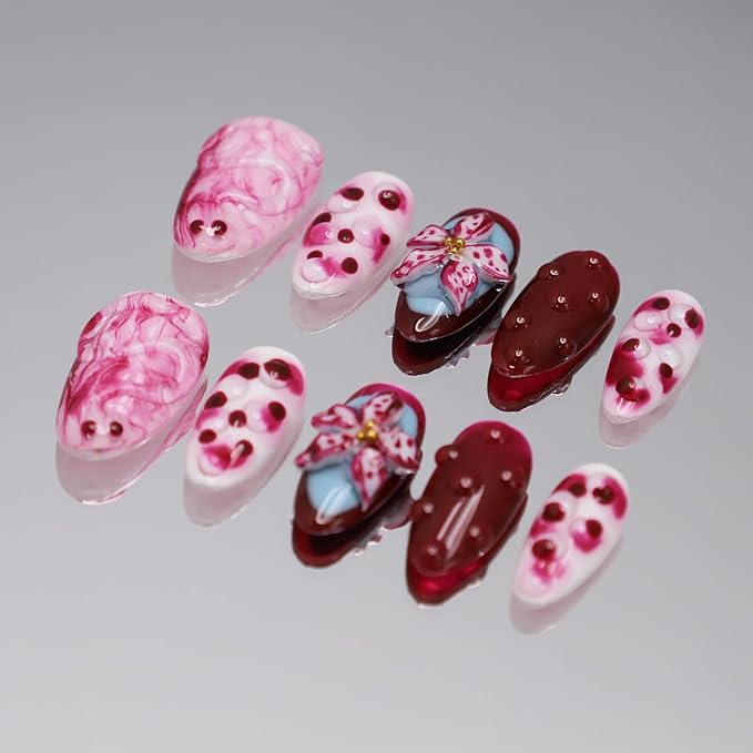 Handmade Press on Nails Medium Almond Fake Nails with Glue,Tropical Flower Nails with 3D Lines Designs Wine Red Acrylic Nails Nature Stick on Nail False Nails for Wome (Size M)