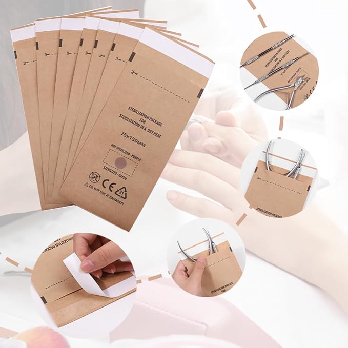 100PCS Disposable Sterilising Bags,Disposable Kraft Paper Self-Sealing Sterilization Bags,Dental Tool Sealing Pouch for Nail Salon Cosmetic Dental Tools(10 * 20cm/3.94 * 7.88inch)