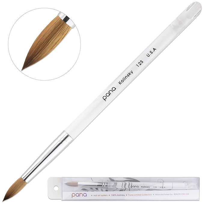 PANA Pure Kolinsky Hair Nail Brush - Round Clear Acrylic Handle (Size 12) - Nail Brush for Nail Application, Nail Extension, Manicure Pedicure Salon Beginner and Professional