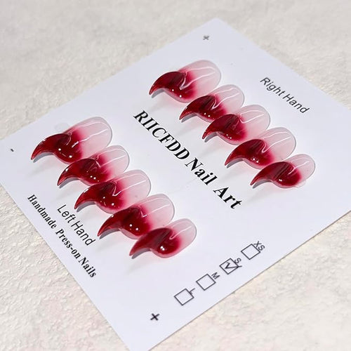 10 Pcs Curved Press on Nails Stiletto Medium Cat Claw False Nails Luxury 3D Red French Tip Cat Claw Handmade Fake Nails Thick Red Gradient Designs Glossy Acrylic Glue on Nail (S)