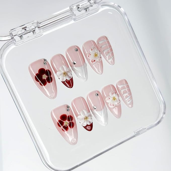 Luxury Press on Nails Medium Almond Handmade 3D Unique Reusable ABS Material Fake Nails Red&White False Nails with Designs Rhinestones Floral Art Petal Glossy Glue on Nails Thick Acrylic Nails(S)