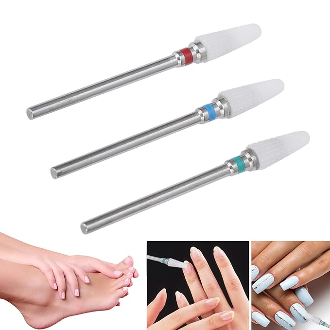 3pcs Nail Drill Bits, Ceramic Nail Drill Bit Set Gel Removal Nail Polishing Grinding Bit Accessory for Electric Nail Drill