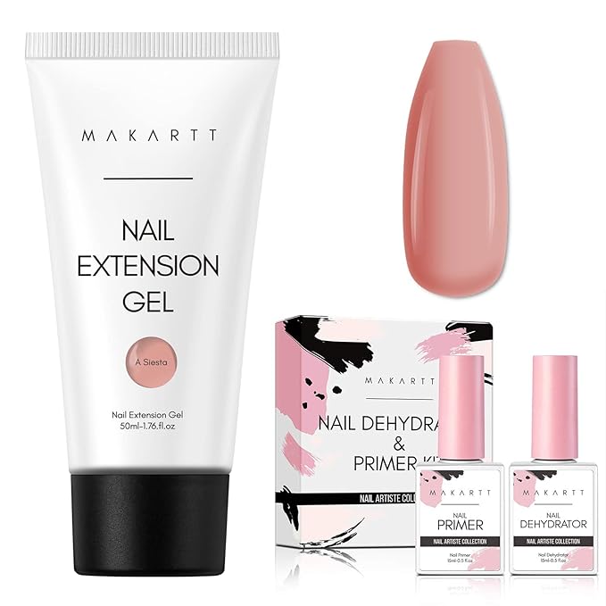Makartt Poly Nail Extension Gel 50ML Nude Color A Siesta Bundle with Nail Dehydrator and Nail Primer Set Nail Bonder for Nail Prepping