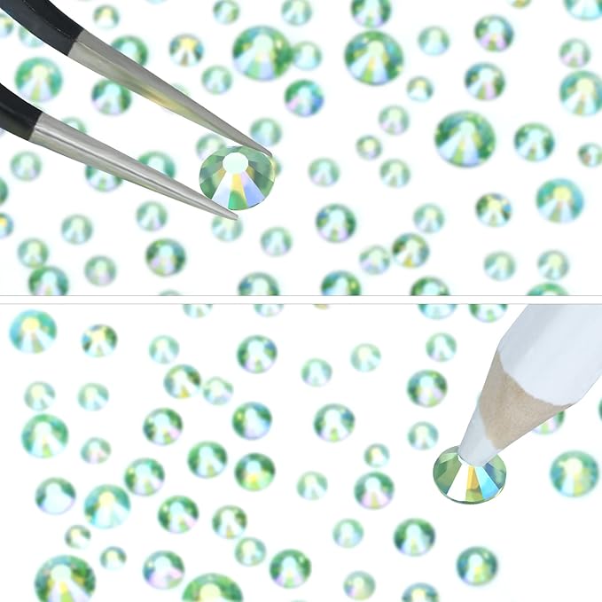 4240Pcs Light Green AB Flatback Rhinestones 6 Sizes Crystal Diamonds for Nail Art Crafts Clothes Shoes with Tweezers and Picking Pen