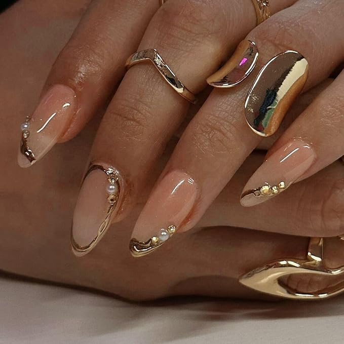 Press on Nails Almond - French Tip Fake Nails with Gold Line Design - Medium Fasle Nails Press ons - for Women 24 Pcs
