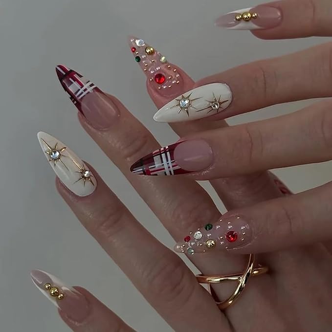 French Tip Press on Nails Medium Almond MABKJLF Fake Nails False Nails with Stripes Rhinestones Pearls Designs Glossy Glue on Nail Full Cover Acrylic Nails for Women Girls 24Pcs