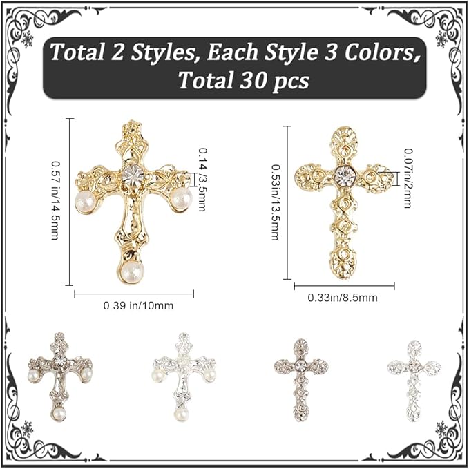 CRASPIRE 30Pcs 6 Styles Cross Nail Charms 3D Y2K Luxury Nail Gems Set Metal Alloy Rhinestone Pearl Flat Gothic Vintage Punk Studs Decor for Women Nail Art DIY Crafts Jewelry Christmas Decor Cellphone
