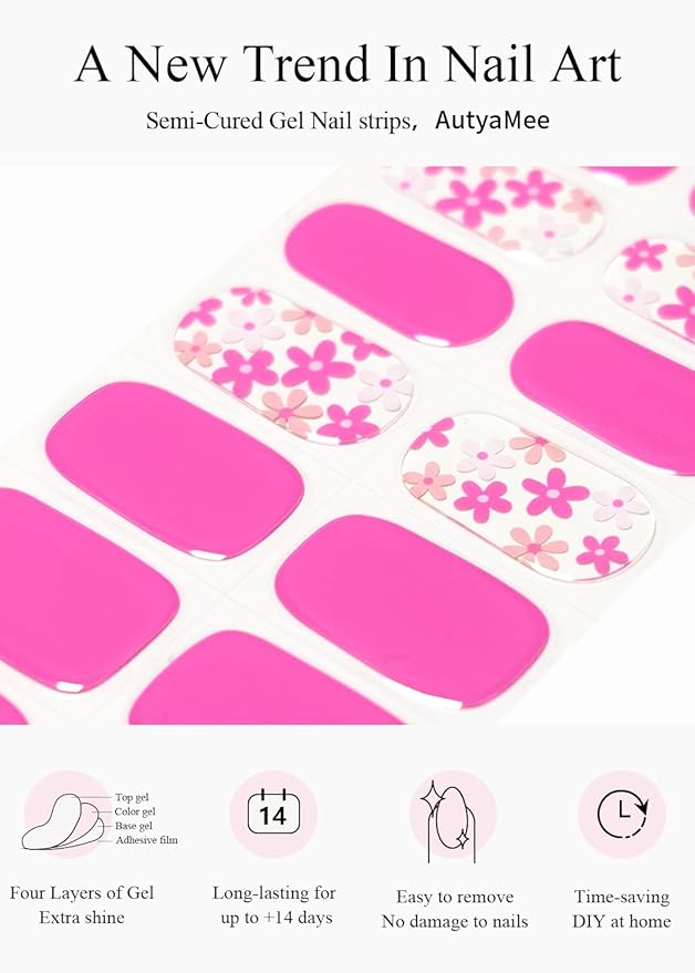 Semi Cured Gel Nail Strips (Hot Pink Flower), 20 Pcs Summer Gel Nail Wraps, Stickers, UV Light Required, Salon Quality, Long Lasting