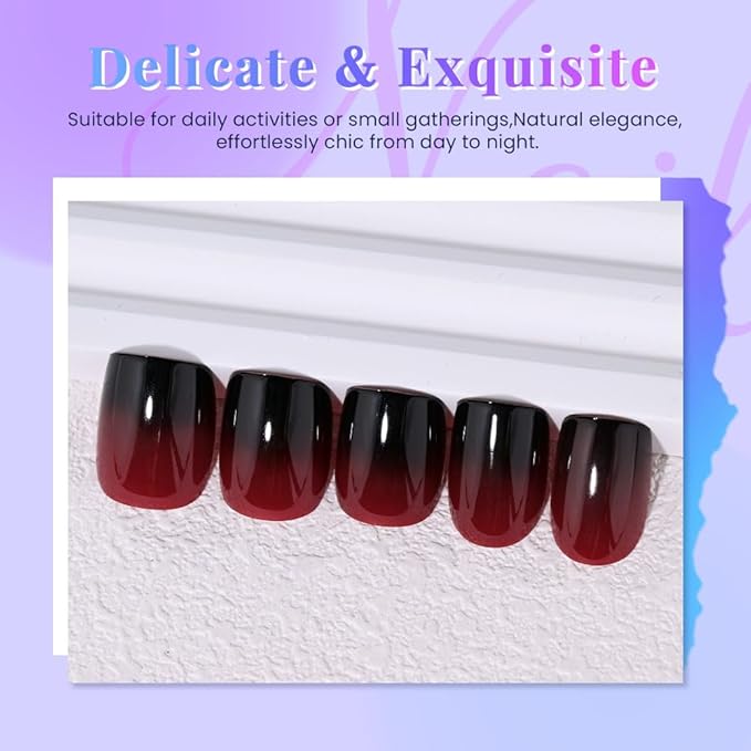 Red Black Ombre Press on Nails, Short Square Acrylic Fake Nails Design, Natural Reusable Nails Kit for Women DIY False Nail Art Decoration Gift, Salon Quality Reusable 15/30 Pcs