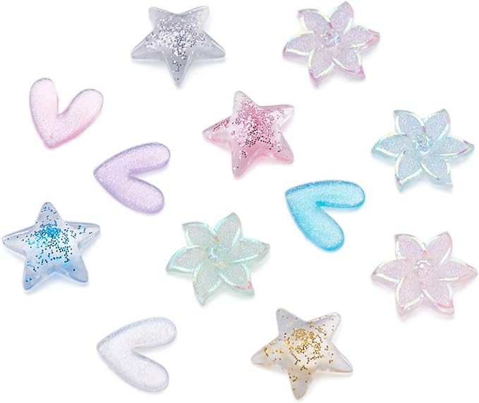FASHEWELRY 240Pcs 3D Resin Nail Art Decoration Star Flower Heart Cabochons with Glitter Powder Studs for DIY Nail Art Decoration
