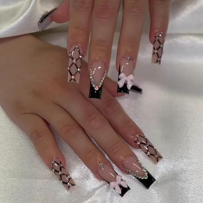 Square Press on Nails Long Nude Fake NailPink Bows Acrylic Nail Press ons Stick on Nails for Women 24pcs