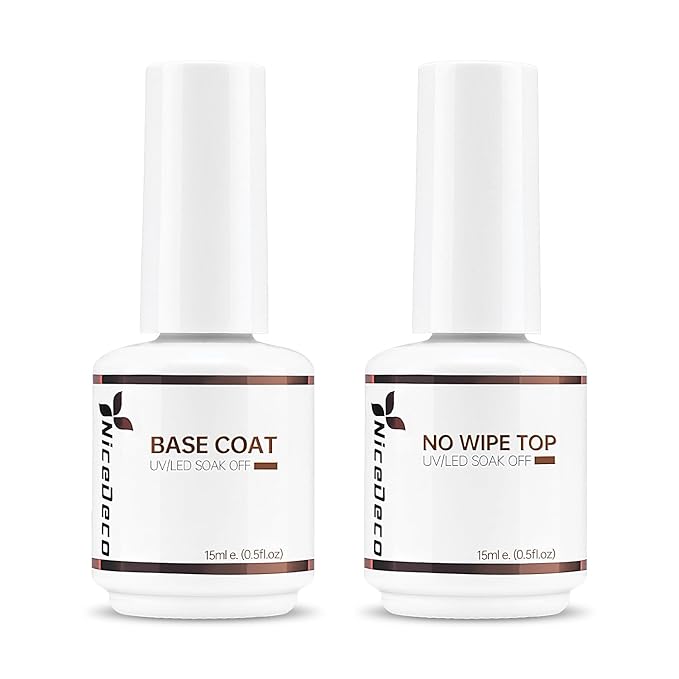 Nicedeco Hema Free No Wipe Gel Top Coat and Base Coat Set 2 Pcs 15ml Low Odor Cruelty Free Vegan Gel Nail Polish Glossy Shine Long Lasting Gel Base Top Coat