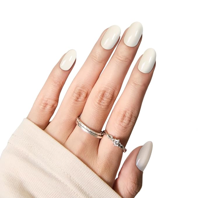 White Press On Nails Almond, Medium Beige Fake Nails with Nail Glue, Natural Soft Gel Nail Kit, Natural Reusable Glue On Nails in 15 Sizes 30 Fake Nails Kit