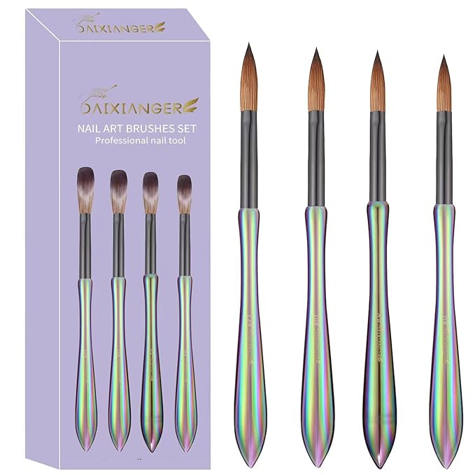 4Pcs Professional Acrylic Nail Brush Set, Size 6/8/10/12, Holographic Gradient Handle Nail Brushes for Acrylic Application Powder & Nail Extension, Nail Carving Tools for DIY Home Salon