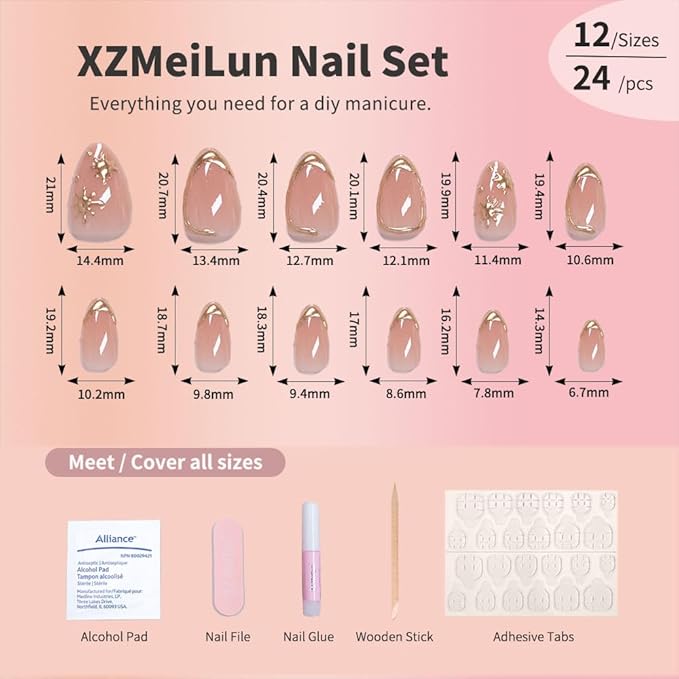Short Almond Press on Nails with French Tip & 3D Gold Line Star Design, Glossy Full Cover Acrylic False Nails with Glue, Reusable Stick - Glue on Fake Nails for Women- Fall Nail Art Gift