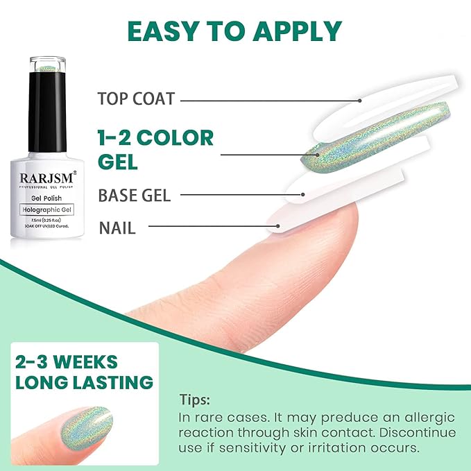 RARJSM Holographic Gel Polish Set,Turquoise Green Gel Nail Polish Kit Glitter Summer Collection Soak Off 6PCS 7.5ML Curing Required Unicorn Mirror Laser Effect Nail Gel for Salon Home Manicure