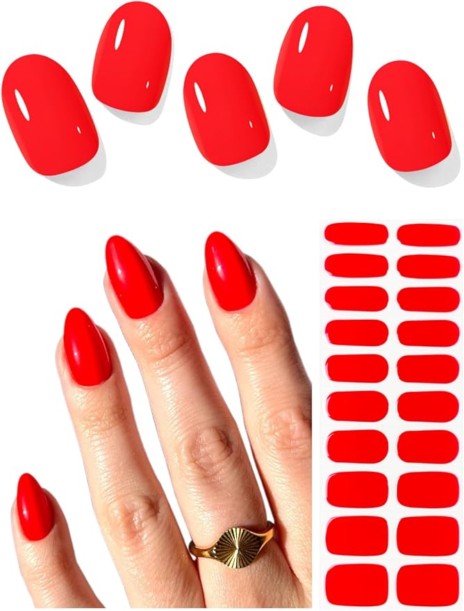 Semi Cured Gel Nail Strips (Shiny Red), 20 Pcs Summer Gel Nail Wraps, Stickers, UV Light Required, Salon Quality, Long Lasting