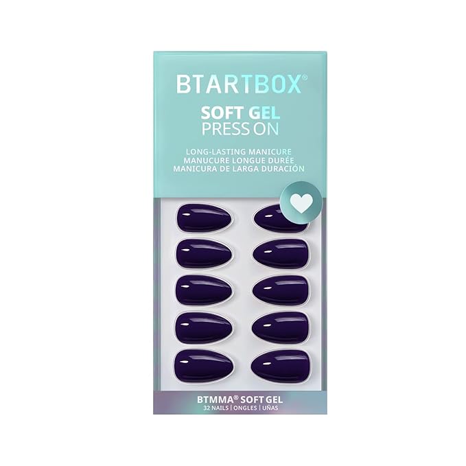 BTArtbox Press On Nails Almond - Dark Purple Short Press On Nails with Glue for Women, Opaque Soft Gel Glue On Nails in 16 Sizes - 32 Stick On Nails Kit, Storm Black