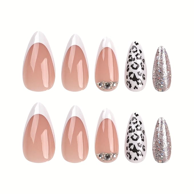 French Tips Press on Nails White with Drill Leopard Print Almond Fake Nails Nude Medium Length False Nails with Designs Full Cover Print Glitter Acrylic Glue on Nails for Women 24 Pcs