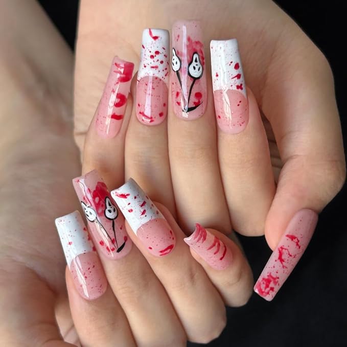 Press On Nails - Handmade Long Square French Tip Fake Nails, Horror Blood Ghost Drop Design, Full Cover Reusable Artificial Ghost False Nails for Women 10 Pcs Acrylic Nails Kit (Size M)