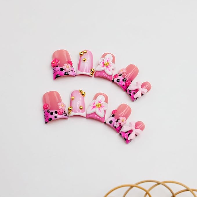 10Pcs Cute Leopard French Tip Press on Nails Handmade Fake Nails with 3D Flower Bow Design Short Duck False Nail Handmade Acrylic Nails Press ons Reusable Pink Flower Stick on Nails for Women (M)