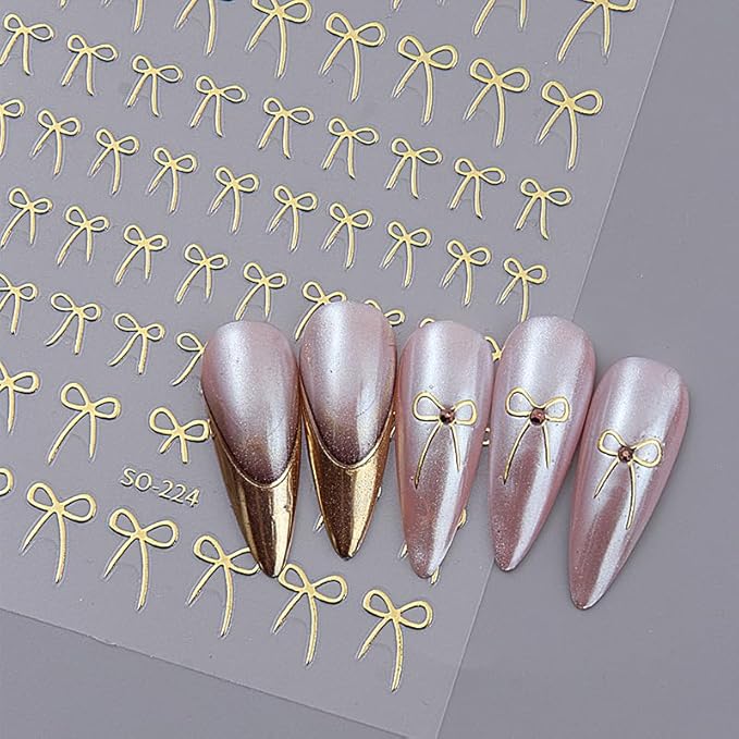 Cute Bow Nail Art Stickers 8 Sheets - Self-Adhesive Nail Decals Glossy Finish, Colors: Black, White, Red, Gold & Aurora, 3D Embossed Nail Stickers for Women DIY