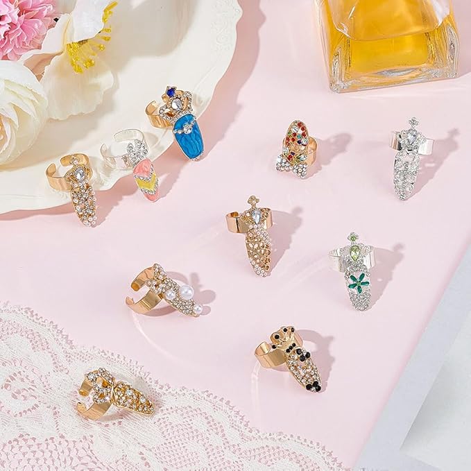 10Pcs Fingernail Rings with Acrylic Rhinestone 10 Styles Alloy Nail Cover Ring Multi-Style Opening Crown Bowknot Fingertip Nail Rings Halloween Christmas Loop Bow Tip Decoration