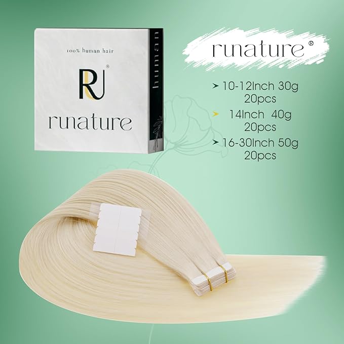 RUNATURE Blonde Tape in Hair Extensions Human Hair, 14 Inch 20Pcs 40G, Tape Ins Hair Extensions Remy Soft Straight Hair, Heat Resistant, Easy to Apply #60