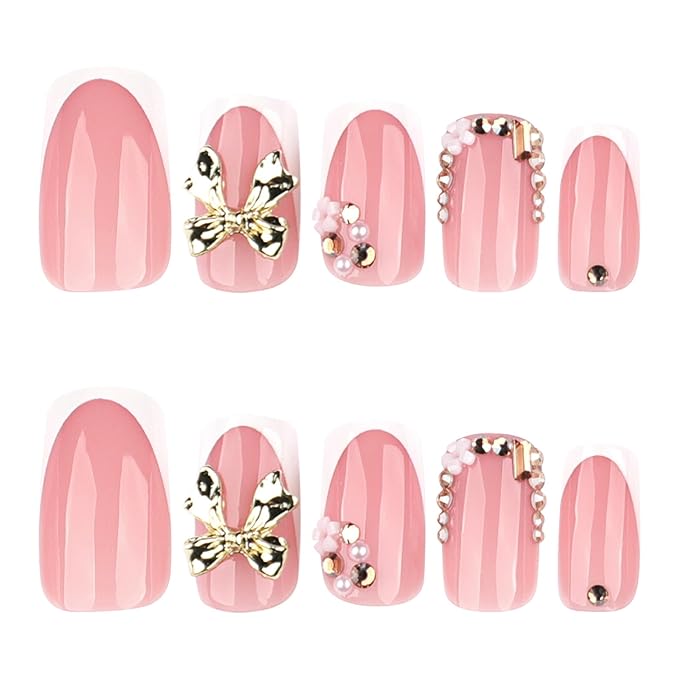 Short Press on Nails Square - White Fake Nails with Bow Design - Rhinestone, Shiny Full Cover Stick on False Nails for Women 24 Pcs