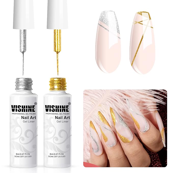 Vishine Gel Nail Polish Liner Glitter Metallic Gold Silver Glitters Colors Gel Art Paint Polish for Swirl Nails Euphoria Nail French Manicure
