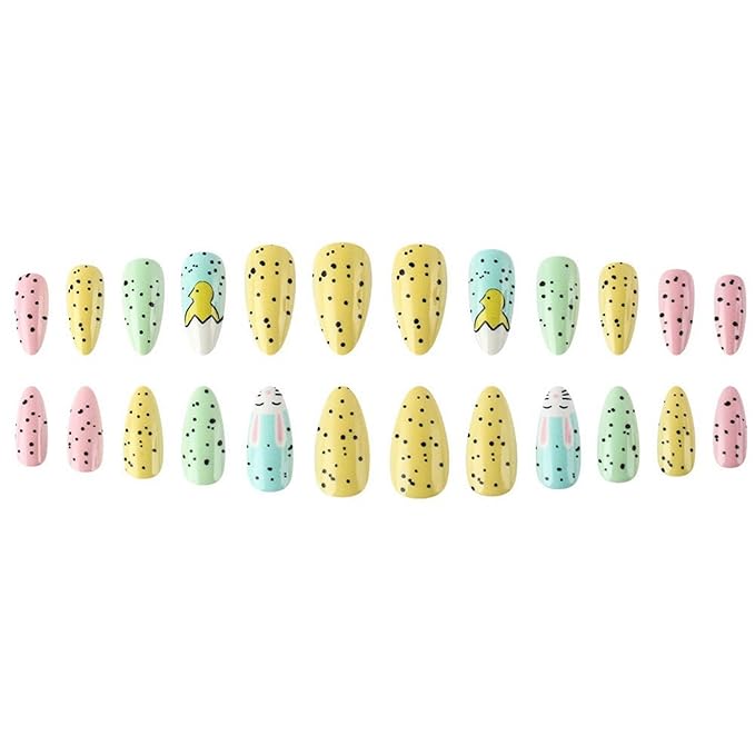 Easter Press on Nails Short Almond Petite Easter Bunny Fake Nail Pink Full Cover Bunny False Nails with Chick Designs Glossy Cute Acrylic Nails Manicure Artificial Nail for Women Manicure Decor 24 Pcs