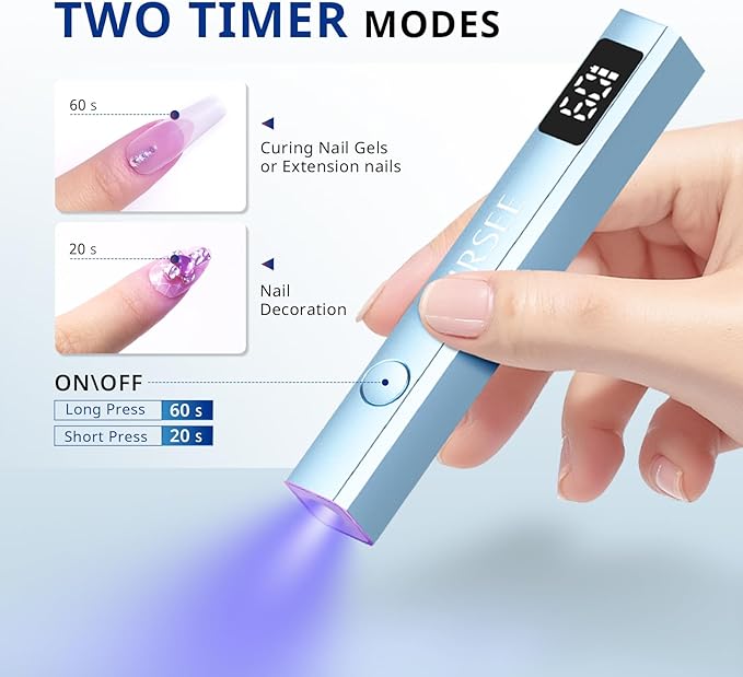 AIRSEE Cordless Mini Nail Lamp,Handheld UV Light with LCD Display for Gel Nails,Rechargeable USB Nail Dryer for Fast Cure,Rhinestone Glue Decoration,Gel Nail Strips at Home,Travel(Blue)