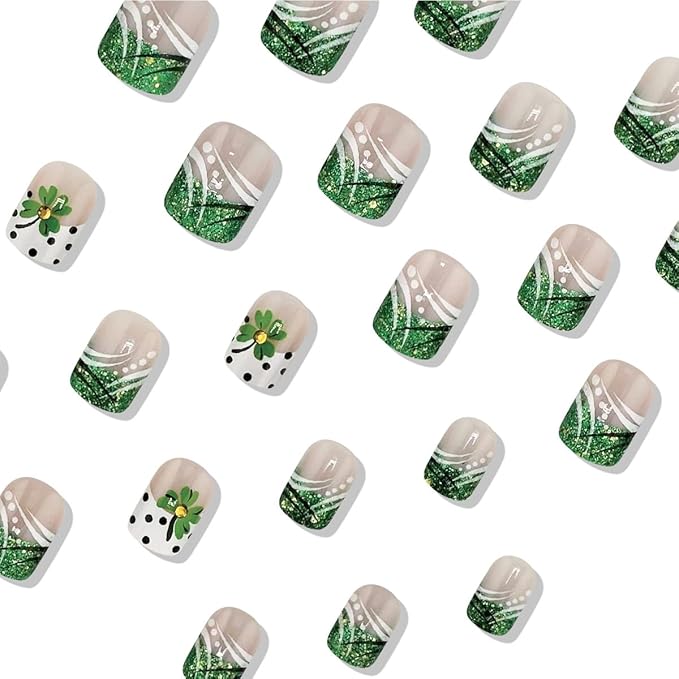 24Pcs St. Patrick's Day French Tip Press on Nails Short Square Fake Nails Green Shamrock Glitter Nail Tips Glue on Nails Irish Clover Nails Design Acrylic False Nails for Women Manicure Accessories