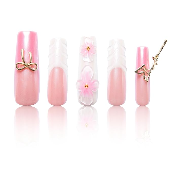 LOVFUL Mid Length Press on Nails Blossom Aura | Handmade Acrylic Press ons | Reusable Fake False Nails | Square Mid Length 1.7 in | H322-L