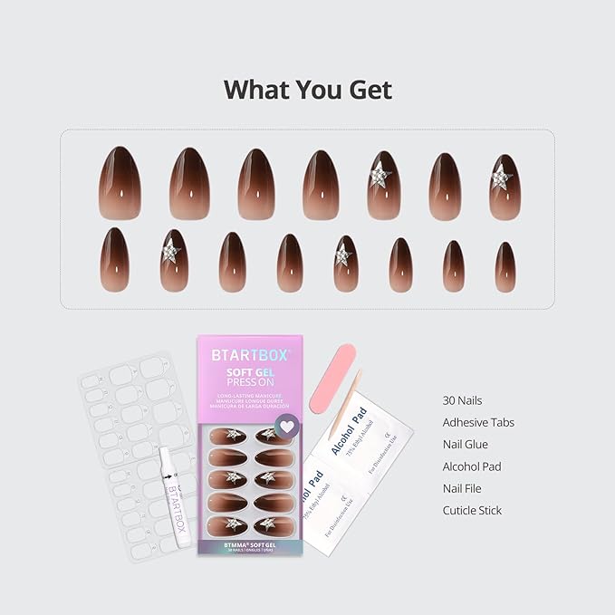 BTArtbox Press On Nails Medium - Starry Spice, Brown Almond Press On Nails with Glue and Adhesive Tabs for Women, Rhinestone Star Soft Gel Glue On Nails in 15 Sizes - 30 Stick On Nails Kit