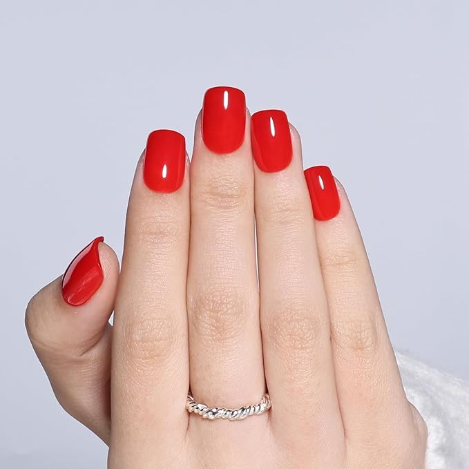 Red Press On Nails - Classic Red Short Square Fake Nails, Square Press On Nails Reusable Stick On Nails in 15 Sizes, 30pcs False Nail Kit for Women & Girls (ClassicRed)